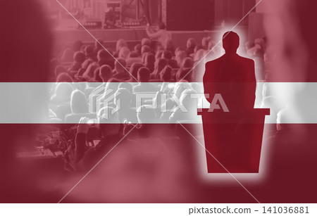 Elections in Latvia concept with speaker silhouette on Latvia flag background. Politician speaking from tribune to crowd during political campaign, parliament voting or government debate Elections in Latvia concept with speaker silhouette on Latvia flag background. Politician speaking from tribune to crowd during political campaign, parliament voting or government debate 141036881