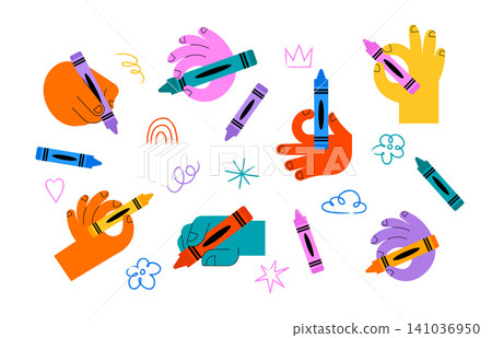 Colorful hands with crayons and children drawings collection. Playful doodles set for back to school Colorful hands with crayons and children drawings collection. Playful doodles set for back to school 141036950