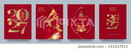New Year and Christmas greeting card set. 2027 numerals. Trendy abstract design, red gradient background. Gold gradients and brushstrokes. New Year and Christmas greeting card set. 2027 numerals. Trendy abstract design, red gradient background. Gold gradients and brushstrokes. 141037013