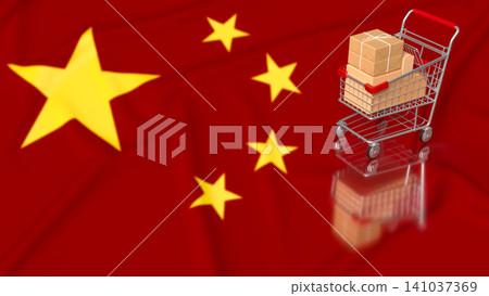 Shopping Cart Packages Over China Flag For Global E commerce 3d render. Shopping Cart Packages Over China Flag For Global E commerce 3d render. 141037369