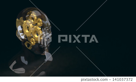 Transparent Human Head With Gears On Dark Background 3d Render. 141037372
