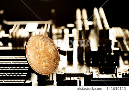 BTC bitcoin Cryptocurrency coin show on PC computer circuit motherboard. Concept for crypto currency, mining, technology, investment, finance, national bank reserve BTC bitcoin Cryptocurrency coin show on PC computer circuit motherboard. Concept for crypto currency, mining, technology, investment, finance, national bank reserve 141039113