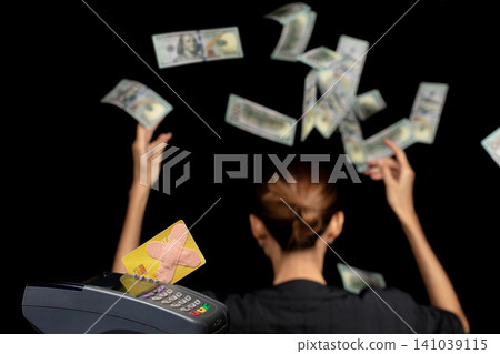 Mounting credit card debt, band-aid on card is deeper finance problem. Woman throw dollar bills represent uncontrolled spending. Band-aid solution can't fix stress of potential bankruptcy Mounting credit card debt, band-aid on card is deeper finance problem. Woman throw dollar bills represent uncontrolled spending. Band-aid solution can't fix stress of potential bankruptcy 141039115