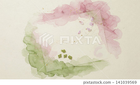 櫻花粉和抹茶綠的水彩邊框，點綴著金箔，背景是像牙色的日本紙。 141039569
