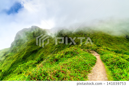 Scenic hiking path along the lush green ridge of Mount Pelee volcano shrouded in clouds and mist, Martinique, Caribbean. Scenic hiking path along the lush green ridge of Mount Pelee volcano shrouded in clouds and mist, Martinique, Caribbean. 141039753