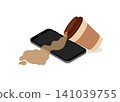 coffee spilled on a smartphone screen on white background 141039755