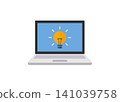 laptop screen showing a bright glowing yellow light bulb idea icon 141039758