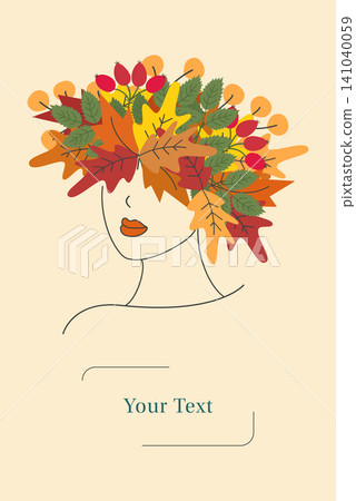 Minimal continuous-line portrait of a woman wearing a voluminous crown of autumn leaves, berries, and foliage in warm orange, red, yellow and green tones Minimal continuous-line portrait of a woman wearing a voluminous crown of autumn leaves, berries, and foliage in warm orange, red, yellow and green tones 141040059
