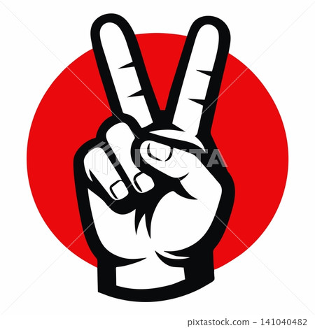 A minimalist vector illustration featuring a hand making a peace or victory sign with two fingers raised, set against a red circle background. A minimalist vector illustration featuring a hand making a peace or victory sign with two fingers raised, set against a red circle background. 141040482
