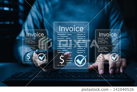 Digital invoice approval and online payment processing concept with verified billing documents, checkmark validation, e-invoice, financial records, accounting workflow, business transaction management Digital invoice approval and online payment processing concept with verified billing documents, checkmark validation, e-invoice, financial records, accounting workflow, business transaction management 141040526
