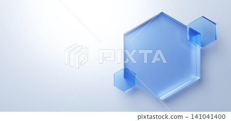 Multiple blue hexagonal glass pieces against a light blue background. Overhead view. Copy space. 3D (landscape orientation). Multiple blue hexagonal glass pieces against a light blue background. Overhead view. Copy space. 3D (landscape orientation). 141041400