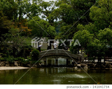 A stone arched bridge and pond scene in a beautiful Japanese garden surrounded by fresh greenery. A stone arched bridge and pond scene in a beautiful Japanese garden surrounded by fresh greenery. 141041734