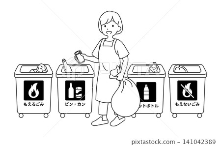 一幅線條畫插圖,描繪了一位家庭主婦/婦女在四個不同的垃圾桶前思考如何對垃圾進行分類。 一幅線條畫插圖,描繪了一位家庭主婦/婦女在四個不同的垃圾桶前思考如何對垃圾進行分類。 141042389