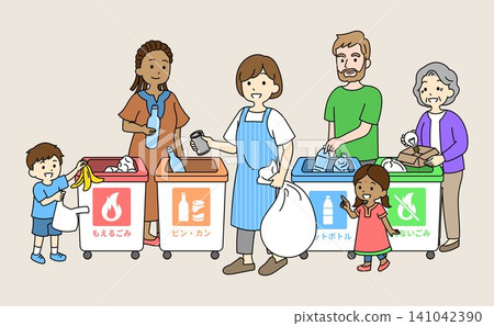 An illustration of men and women of various nationalities considering how to sort their trash in front of four different types of trash cans. An illustration of men and women of various nationalities considering how to sort their trash in front of four different types of trash cans. 141042390