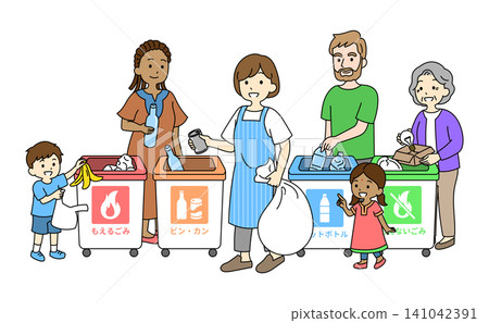 An illustration of men and women of various nationalities considering how to sort their trash in front of four different types of trash cans. An illustration of men and women of various nationalities considering how to sort their trash in front of four different types of trash cans. 141042391