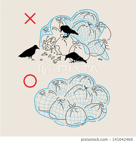 A comparative illustration of the correct way to use garbage nets and measures against crows. 141042468