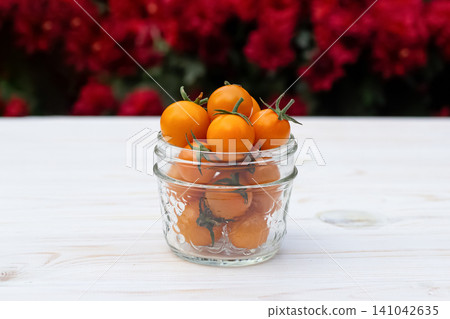 Jar of orange cherry tomatoes in the summer blooming garden. Jar of orange cherry tomatoes in the summer blooming garden. 141042635