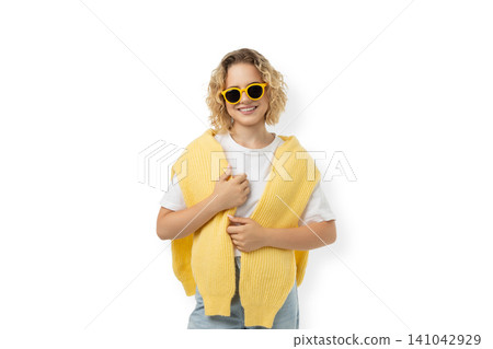 Woman wears yellow sweater and sunglasses with smile, PNG Woman wears yellow sweater and sunglasses with smile, PNG 141042929