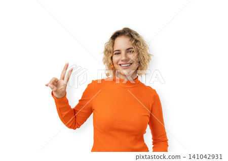 Woman with curly hair makes peace sign and smiles, PNG Woman with curly hair makes peace sign and smiles, PNG 141042931