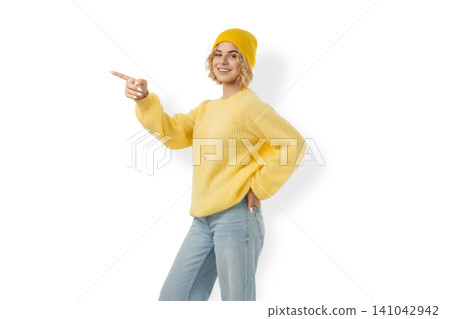 Young woman in yellow sweater gestures with joy, PNG Young woman in yellow sweater gestures with joy, PNG 141042942