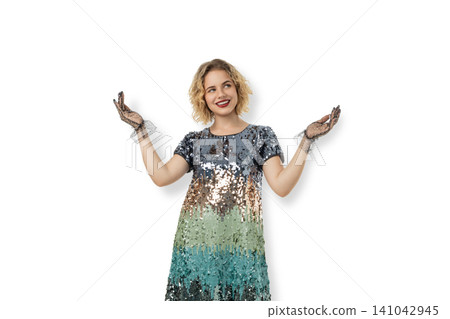 Woman with curly hair smiles and raises her hands, PNG Woman with curly hair smiles and raises her hands, PNG 141042945