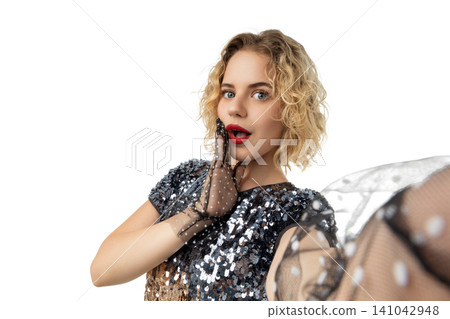 Young woman shows surprise while taking a selfie, PNG Young woman shows surprise while taking a selfie, PNG 141042948