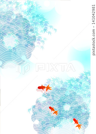 藍色的楓葉和在波浪中游動的金魚 藍色的楓葉和在波浪中游動的金魚 141042981