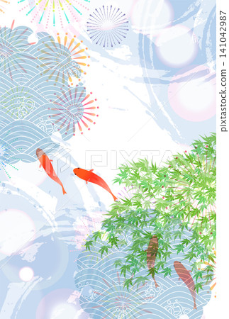 日本夏季祭,背景是鯉魚、煙火和綠色的楓葉。 日本夏季祭,背景是鯉魚、煙火和綠色的楓葉。 141042987