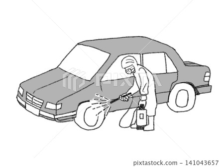 Illustration of a worker disinfecting a vehicle entering a farm with a sprayer (black and white, simple, white background JPG) Illustration of a worker disinfecting a vehicle entering a farm with a sprayer (black and white, simple, white background JPG) 141043657