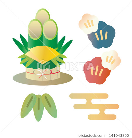 以普普藝術風格描繪的門松（新年松枝裝飾）以及松樹、竹子和梅花。 141043800