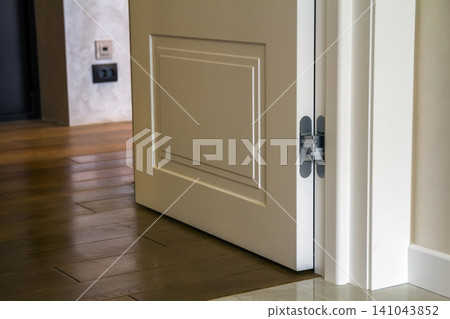 Modern house interior detail with wooden parquet floor and white door. Apartment after renovation close-up. Modern house interior detail with wooden parquet floor and white door. Apartment after renovation close-up. 141043852