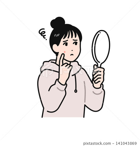 A simple vector illustration of a young woman with her hair tied up, looking in a hand mirror and worrying about skin problems. A simple vector illustration of a young woman with her hair tied up, looking in a hand mirror and worrying about skin problems. 141043869