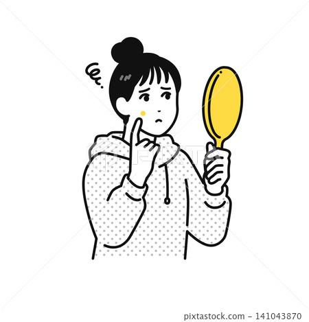 一位年輕女子頭髮紮了起來,正對著手鏡,為自己的皮膚問題而煩惱。 一位年輕女子頭髮紮了起來,正對著手鏡,為自己的皮膚問題而煩惱。 141043870