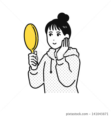 一位年輕女子頭髮紮了起來,對著手鏡看著自己,對自己的皮膚狀況很滿意。 一位年輕女子頭髮紮了起來,對著手鏡看著自己,對自己的皮膚狀況很滿意。 141043871