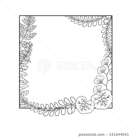 Vector fern leaf thin line art frame. Hand drawn square botanical design with black foliage and copy space. Decorative template for wedding card label. Woodland nature logo for floral decoration. Vector fern leaf thin line art frame. Hand drawn square botanical design with black foliage and copy space. Decorative template for wedding card label. Woodland nature logo for floral decoration. 141044041