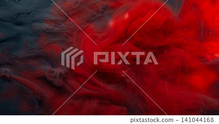 Mystical smoke. Vivid flow. Vibrant color fluid ink swirl underwater blur splash. Fantasy red sparkling drop abstract blend black background. Mystical smoke. Vivid flow. Vibrant color fluid ink swirl underwater blur splash. Fantasy red sparkling drop abstract blend black background. 141044168