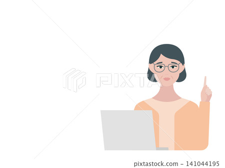 一位中年婦女在電腦前講解某事的向量插圖。 一位中年婦女在電腦前講解某事的向量插圖。 141044195