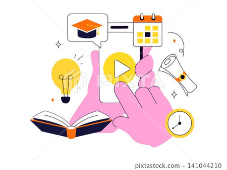 Online Course Vector Illustration Featuring E Learning Platform, Virtual Education, Video Lessons, Digital Distance Learning, And Online Training Online Course Vector Illustration Featuring E Learning Platform, Virtual Education, Video Lessons, Digital Distance Learning, And Online Training 141044210