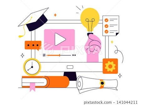 Online Course Vector Illustration Featuring E Learning Platform, Virtual Education, Video Lessons, Digital Distance Learning, And Online Training Online Course Vector Illustration Featuring E Learning Platform, Virtual Education, Video Lessons, Digital Distance Learning, And Online Training 141044211