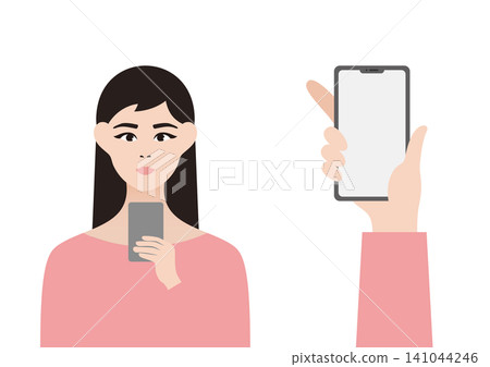 一組向量插圖,描繪了一位女士看著她的智慧型手機和智慧型手機螢幕。 一組向量插圖,描繪了一位女士看著她的智慧型手機和智慧型手機螢幕。 141044246