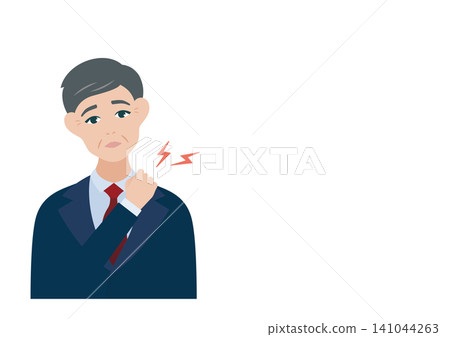 Vector illustration of a middle-aged man suffering from stiff shoulders. Vector illustration of a middle-aged man suffering from stiff shoulders. 141044263