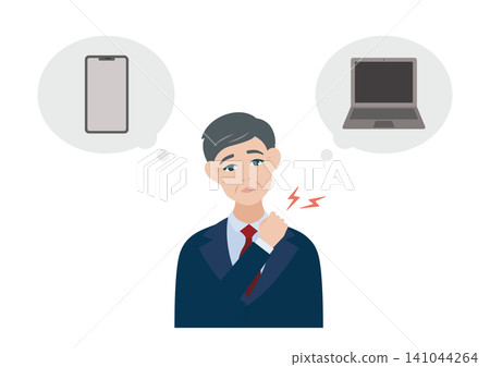 向量圖描繪了一位中年男子因伏案工作而肩膀僵硬的情景。 141044264