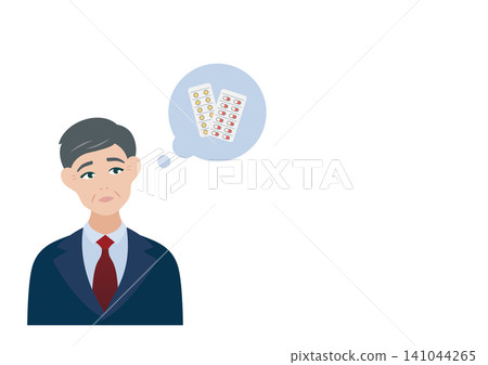Vector illustration of a pill and a middle-aged man. Vector illustration of a pill and a middle-aged man. 141044265