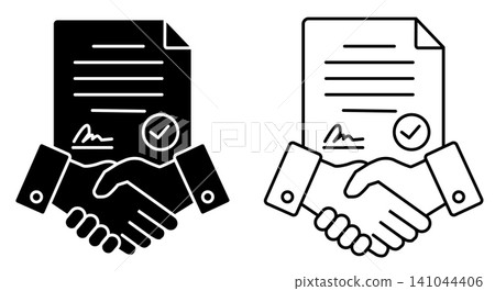 Handshake with contract icon. Business agreement sign. Partnership and cooperation symbol. flat style. Handshake with contract icon. Business agreement sign. Partnership and cooperation symbol. flat style. 141044406