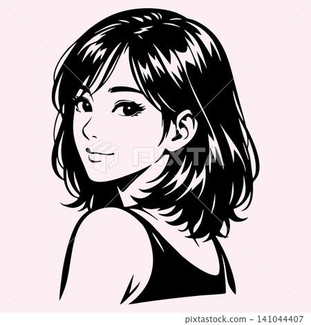 A black-and-white vector line art illustration featuring a portrait of a beautiful anime girl. A black-and-white vector line art illustration featuring a portrait of a beautiful anime girl. 141044407