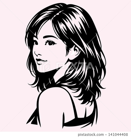 A black-and-white vector line art illustration featuring a portrait of a beautiful anime girl. A black-and-white vector line art illustration featuring a portrait of a beautiful anime girl. 141044408