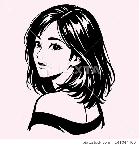 A black-and-white vector line art illustration featuring a portrait of a beautiful anime girl. A black-and-white vector line art illustration featuring a portrait of a beautiful anime girl. 141044409