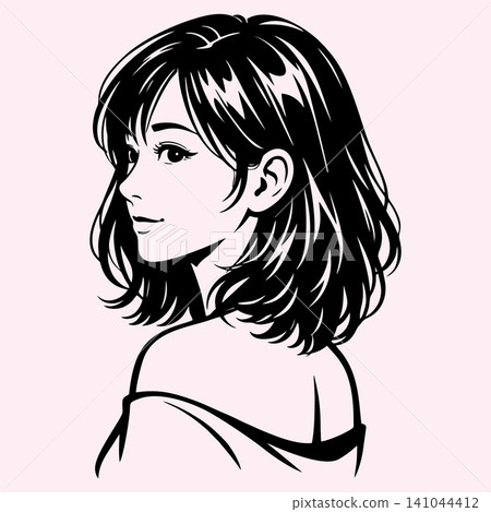 A black-and-white vector line art illustration featuring a portrait of a beautiful anime girl. A black-and-white vector line art illustration featuring a portrait of a beautiful anime girl. 141044412