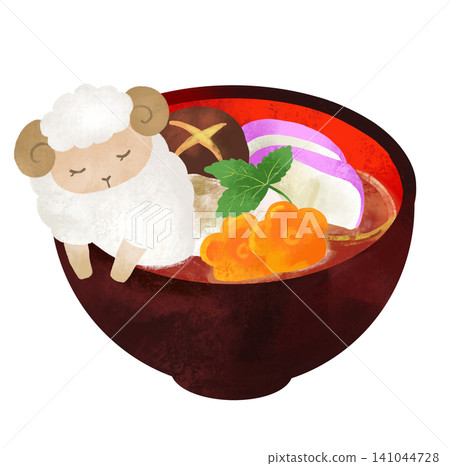一幅可愛的綿羊和年湯(日本新年湯)插圖。羊年。 一幅可愛的綿羊和年湯(日本新年湯)插圖。羊年。 141044728