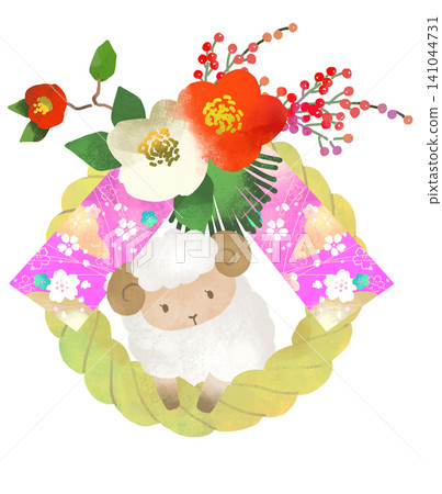 羊年,注連繩(神聖的繩子),注連飾(新年裝飾品),以及一隻可愛的綿羊插圖。 羊年,注連繩(神聖的繩子),注連飾(新年裝飾品),以及一隻可愛的綿羊插圖。 141044731
